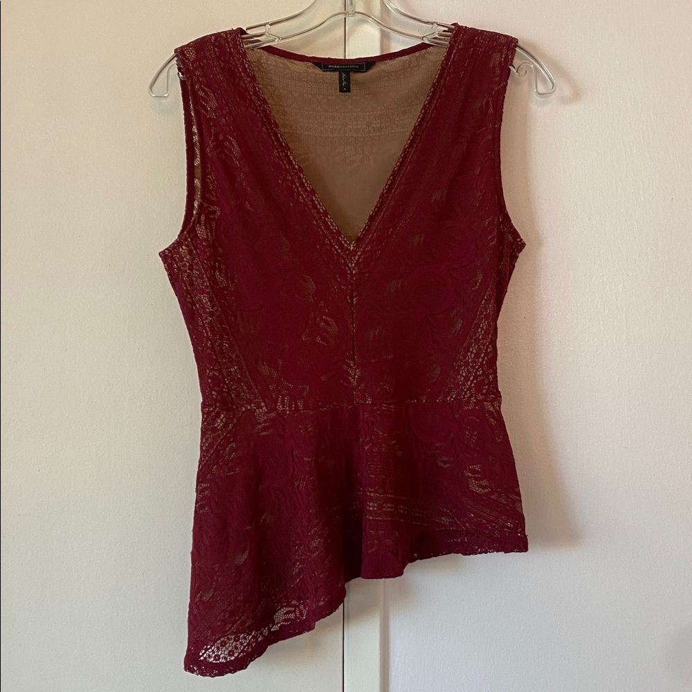 EUC - BCBG MAXAZRIA Burgundy Red Purple Lace asymmetrical tank size Small
